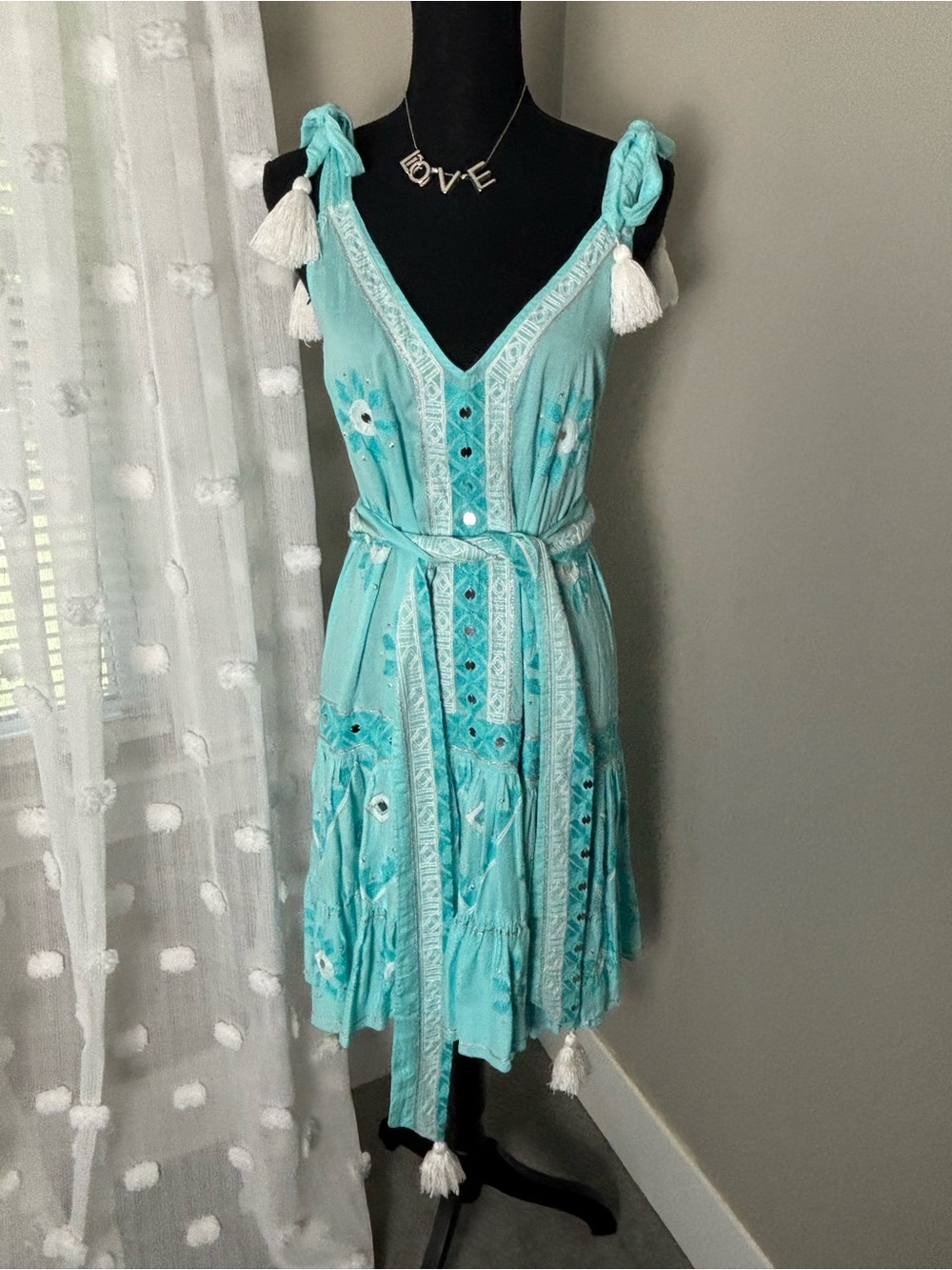 Pranella Luxury Resort Wear Turquoise Embroidered Tie-Shoulder Dress Size S/M